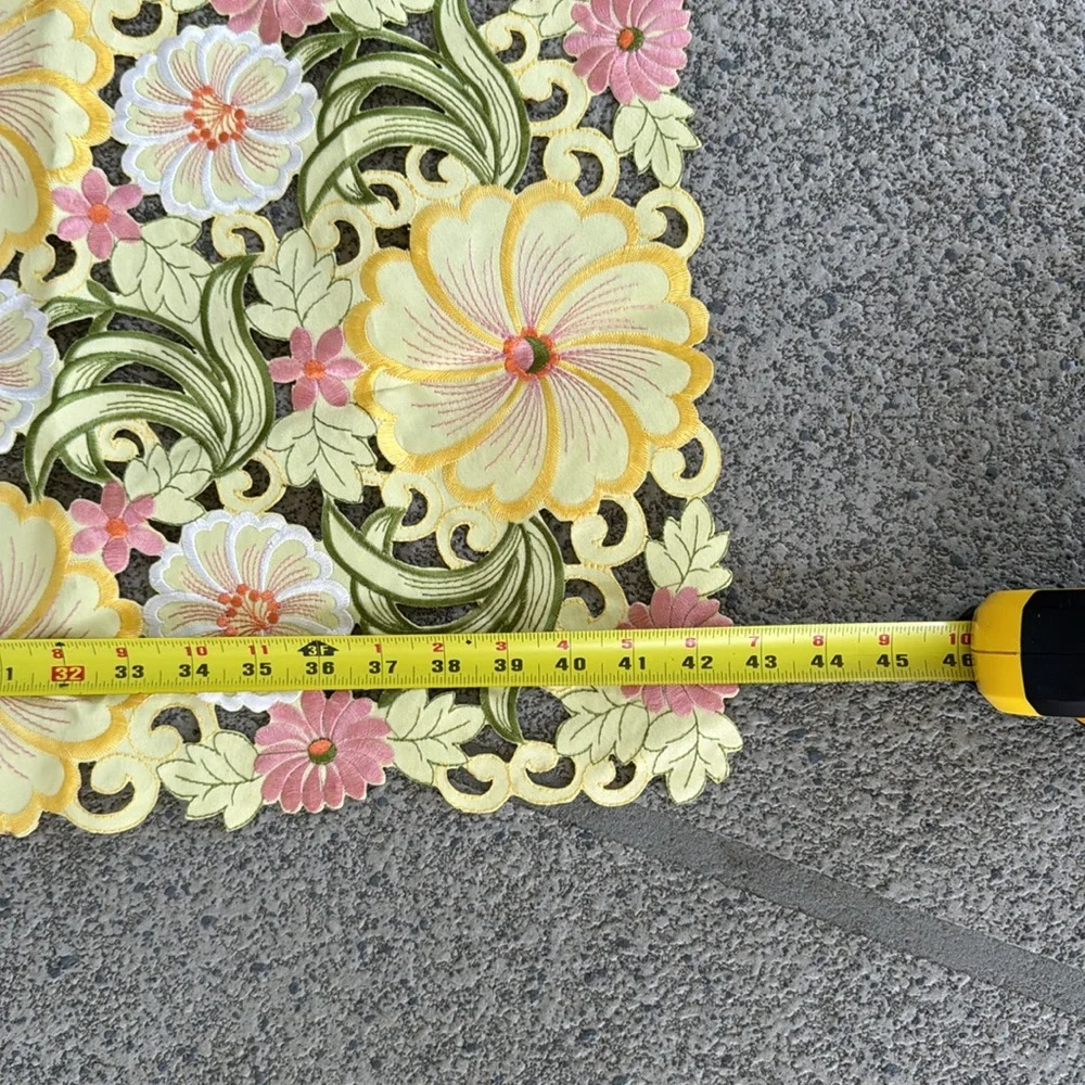 Vintage yellow pink floral embroidered cut out spring Easter table runner 43x15”